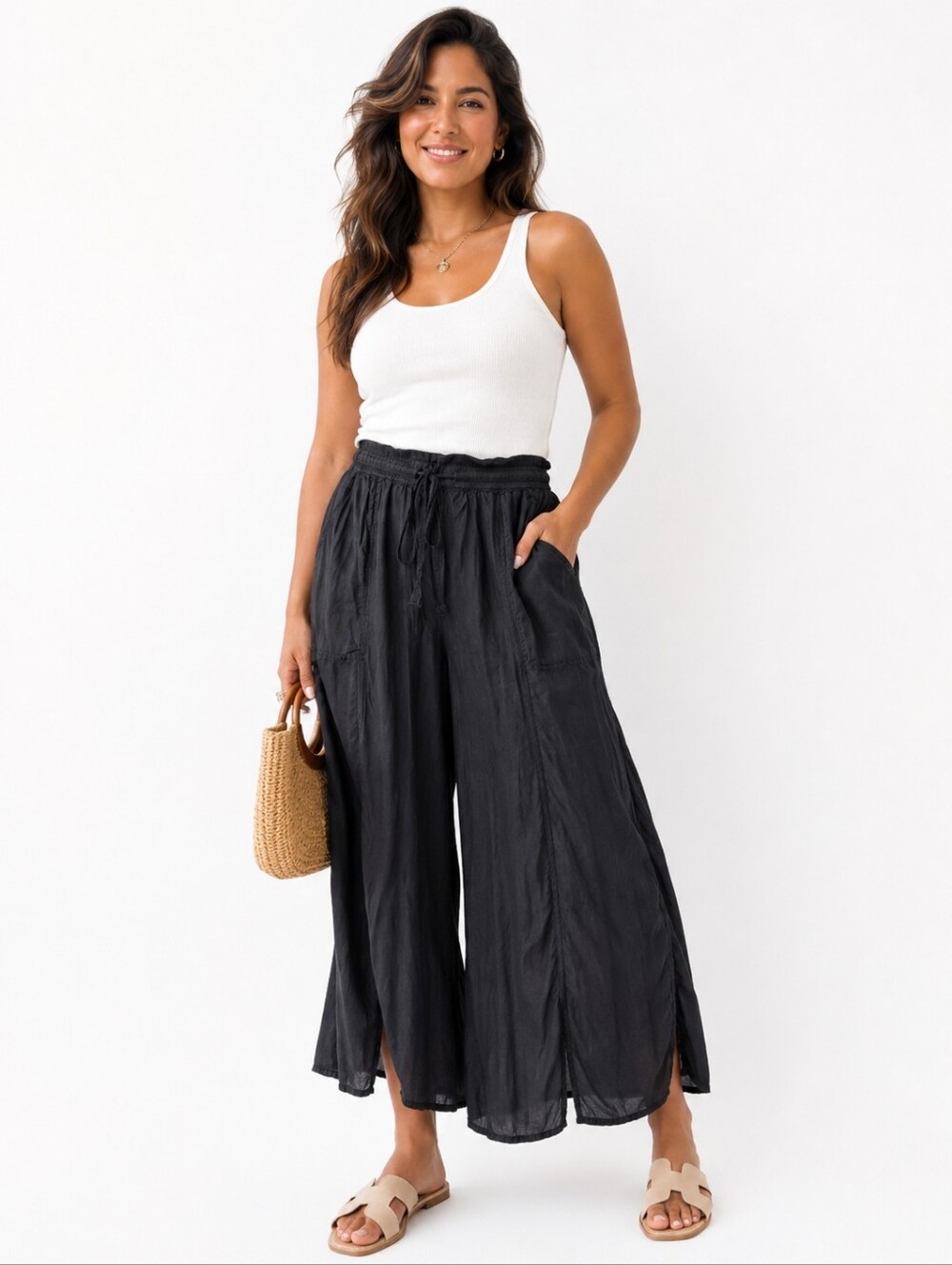 Elevenses Anthropologie Womens Wide Leg Palazzo Pocket Pants Black Classic Chic